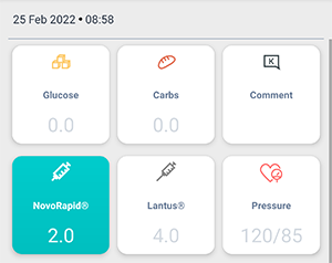 Beetis app metrics input screen with selected insulin