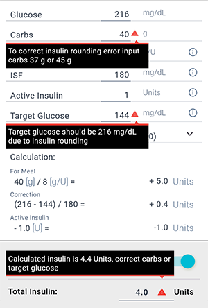 Bolus wizard screen in the Beetis app. Error displayed in calculation – you need to adjust carbs or target glucose due to rounding error.