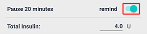 Bolus wizard screen in the Beetis app. The 'remind' toggle is highlighted for scheduling an insulin injection reminder.