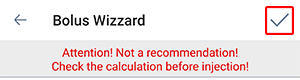 Bolus wizard screen in the Beetis app. The save checkmark in the top right corner is highlighted.