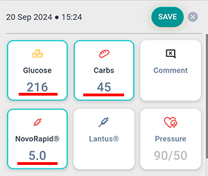 Data entry screen in the Beetis app. Glucose, carbohydrates, and insulin values obtained from the bolus wizard are highlighted.