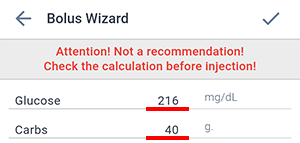 Bolus wizard screen in the Beetis app. Glucose and carbohydrate input fields.