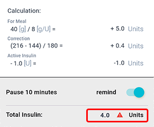 Bolus wizard screen in the Beetis app. Final insulin calculation including food bolus, correction bolus, and active insulin.
