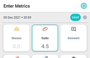 Metrics input screen of the Beetis app. Carbohydrates amount copied from the carbs calculator.