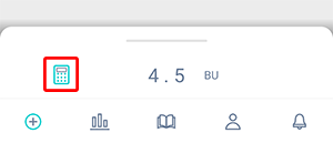 At the bottom of the metrics input screen in the Beetis app, the calculator icon is highlighted and the calculated carbohydrates are displayed.