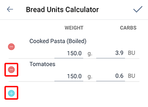 Carbs calculator screen in the Beetis app. The 'delete product' and 'add product' buttons are highlighted.