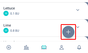 Food database screen in the Beetis app. The '+' symbol at the bottom of the screen is highlighted to add a new dish.