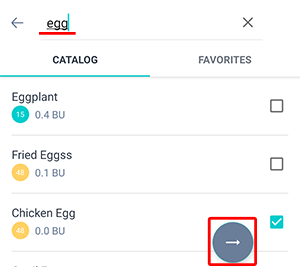 Product search screen in the Beetis app. The search bar contains a partial product name, and the results show matching items. The desired product is marked with a checkmark. At the bottom right, an arrow icon is highlighted to proceed to the next step.
