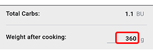 Beetis carbs calculator / bread units calculator screen. At the bottom of the screen, the 'Weight after cooking' field is highlighted and can be edited.