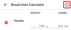 Beetis carbs calculator / bread units calculator screen. In the top right corner, the plus symbol is highlighted for adding a new dish.