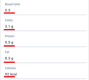 Beetis product details screen. The composition per 100 g of product is shown: bread units, carbohydrates, proteins, fats, and calories.
