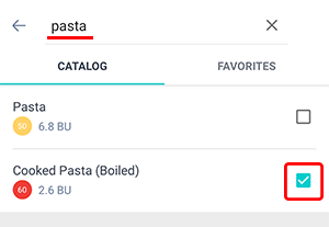 Beetis app food search screen. The search bar contains a partial product name, and the results show matching products. The desired product is marked with a check mark.