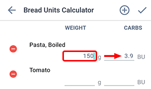 Beetis app carbs calculator screen. A product weight is entered to calculate the amount of carbs in the product.