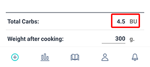 Beetis app carbs calculator screen. At the bottom, the calculated total amount of carbohydrate units for all added products is highlighted.