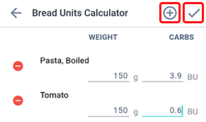 Beetis app carbs calculator screen. In the top right corner, the plus icon for adding a new dish to the product directory and the checkmark for saving data are highlighted.