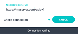 Nightscout settings screen of the Beetis application. Result of checking the connection with the Nightscout server.