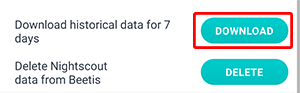 Buttons for downloading and deleting Nightscout history in the Beetis application.