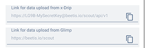 Fields with links for downloading data from X-Drip and Glimp applications to the Beetis server.