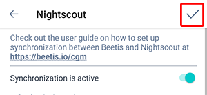 Nightscout settings screen of the Beetis application. The checkbox for saving settings is highlighted in the upper right corner.