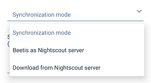 Drop-down list, selection of Beetis and Nightscout integration mode