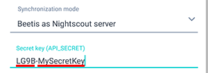 Nightscout setup screen of the Beetis application. Secret key entry field for uploading Nightscout data to the Beetis application.