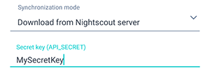 Nightscout settings screen of the Beetis application. Secret key input field.