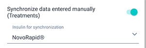 Nightscout settings screen of the Beetis application. Selecting the 'insulin' indicator for transmitting Treatments data