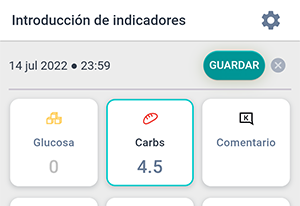 Pantalla de entrada de indicadores de la aplicación Beetis. Cantidad de carbohidratos copiada desde la calculadora de raciones de CH.