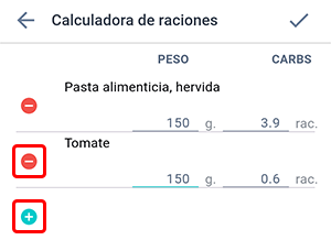 Pantalla de la calculadora de raciones de CH en la aplicación Beetis. Se resaltan los botones 'eliminar producto' y 'añadir producto'.