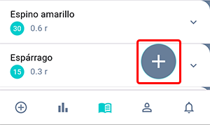 Pantalla del directorio de alimentos en la aplicación Beetis. Se resalta el símbolo '+' en la parte inferior de la pantalla para añadir un nuevo plato.