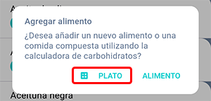 Diálogo para añadir un plato en la aplicación Beetis. Se resalta la opción 'plato' para abrir la calculadora de raciones de CH.
