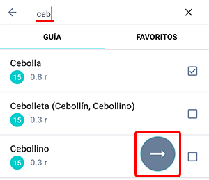 Pantalla de búsqueda de productos en la aplicación Beetis. La barra de búsqueda contiene el nombre parcial de un producto y los resultados muestran coincidencias. El producto deseado está marcado con una marca de verificación. En la parte inferior derecha se resalta un ícono de flecha para pasar al siguiente paso.