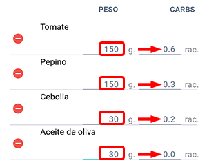 Pantalla de la calculadora de raciones de CH de Beetis. En la pantalla se indican los ingredientes del plato y las raciones se calculan en función del peso de los ingredientes.