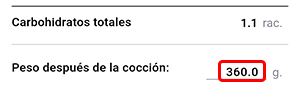 Pantalla de la calculadora de raciones de CH de Beetis. En la parte inferior de la pantalla se resalta el campo 'Peso después de la cocción', que se puede editar.