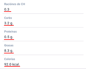 Pantalla de la ficha del producto en Beetis. Se muestra la composición por 100 g del producto: raciones de CH, carbohidratos, proteínas, grasas y calorías.