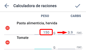Pantalla de la calculadora de raciones de CH de la aplicación Beetis. Se ha introducido el peso del producto para calcular la cantidad de carbohidratos.
