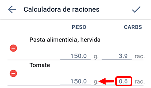 Pantalla de la calculadora de raciones de CH de la aplicación Beetis. Se han introducido los carbohidratos del producto para calcular su peso.