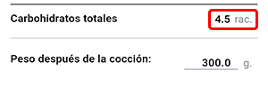 Pantalla de la calculadora de raciones de CH de la aplicación Beetis. En la parte inferior se resalta la cantidad total calculada de raciones de carbohidratos para todos los productos añadidos.