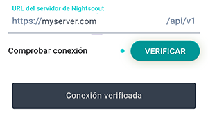 Pantalla de configuración de Nightscout de la aplicación Beetis. Resultado de la comprobación de la conexión con el servidor Nightscout.
