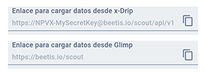 Campos con enlaces para descargar datos de las aplicaciones X-Drip y Glimp al servidor Beetis.