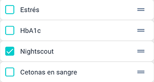 Pantalla 'Configuración de métricas'. Métrica de Nightscout seleccionada de la lista