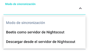 Lista desplegable, selección del modo de integración de Beetis y Nightscout