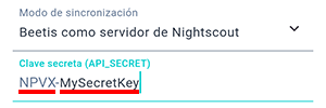 Pantalla de configuración de Nightscout de la aplicación Beetis. Campo de entrada de clave secreta para cargar datos de Nightscout a la aplicación Beetis.