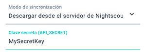 Pantalla de configuración de Nightscout de la aplicación Beetis. Campo de entrada de clave secreta.