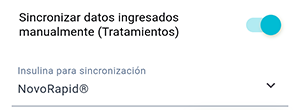 Pantalla de configuración de Nightscout de la aplicación Beetis. Selección del indicador de insulina para la transmisión de datos de tratamientos