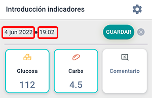 Pantalla de ingreso de datos en la aplicación Beetis. Los campos de fecha y hora están seleccionados y se pueden modificar.