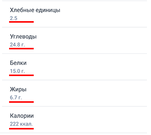 Экран карточки продукта Beetis. На экране рассчитанный на 100 г. продукта состав компонентов: хлебных единиц, углеводов, белков, жиров калорий.