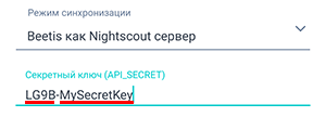 Экран настройки Nightscout приложения Beetis. Поле ввода секретного ключа для загрузки данных Nightscout в приложение Beetis.